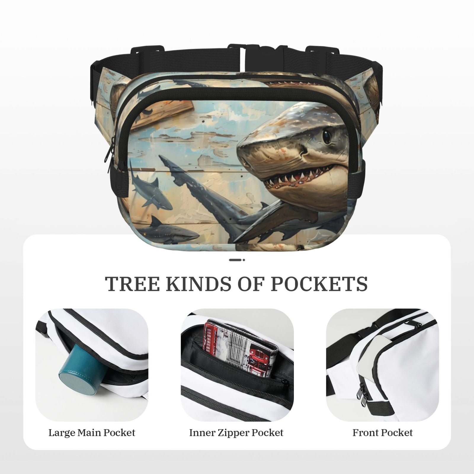 Picia Wood Grain Shark Print Square Double-Layer Waist Bag Mini Adjustable Waist Belt Bag Exercise Running Travel Hiking