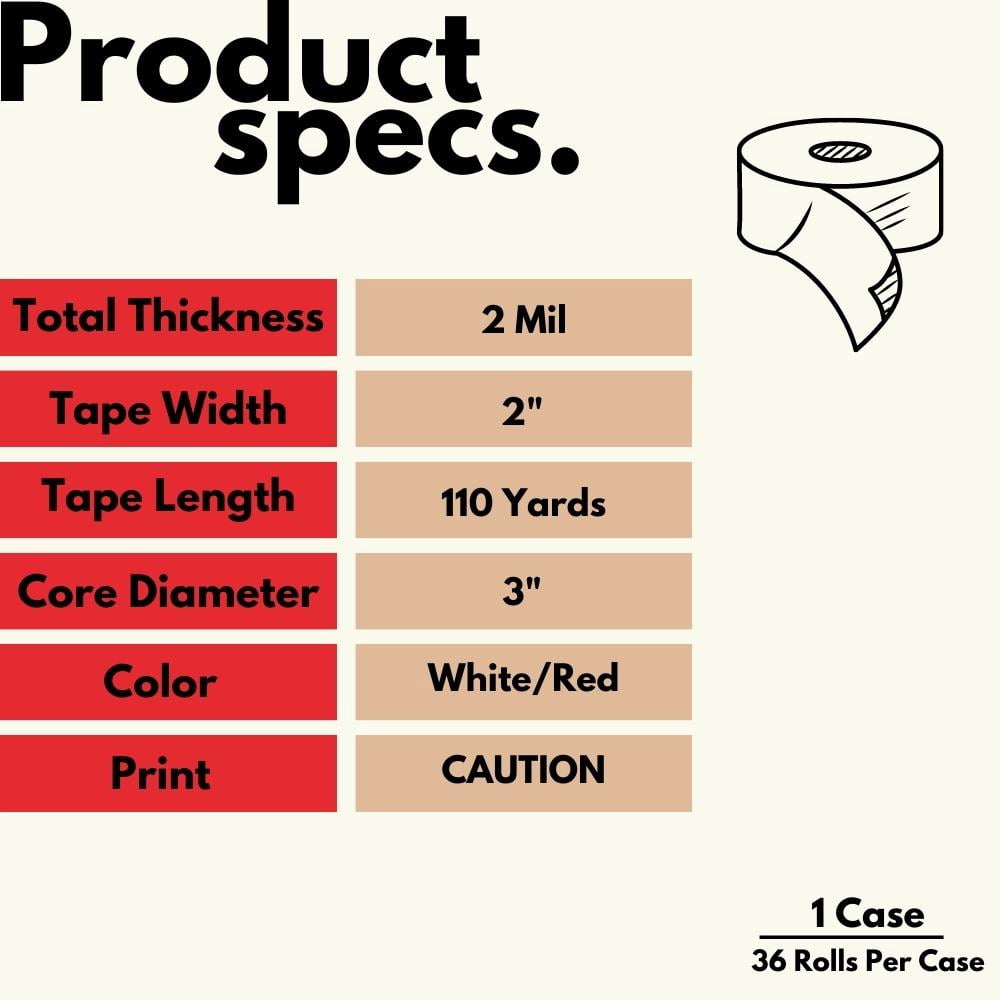 Shield Tape Caution Printed Packing Tape, 36 Rolls, 1.88" x 110 Yards