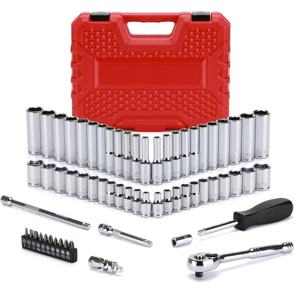 62-Piece 1/4" Drive Socket Set with Ratchet, Adapters & Extensions, SAE/Metric, 4mm-14mm