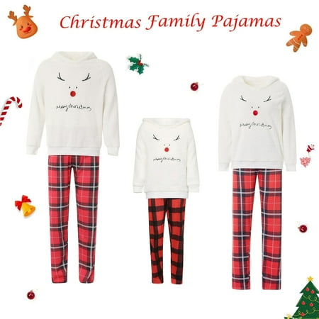 

Christmas Family Matching Pajamas Set Fuzzy Fleece Hoodies Plaid Pants Christmas Moose PJ s Sleepwear