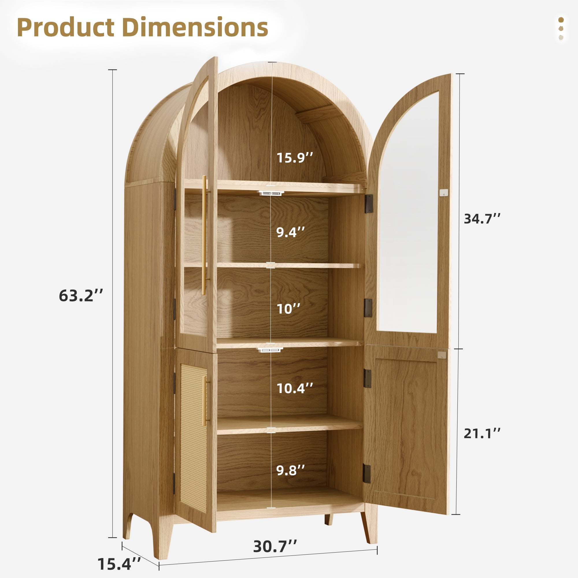 MAYEERTY Arch Display Cabinet with Glass Doors, Wooden Storage Cabinet with Adjustable Shelves for Living Room, 63" Oak