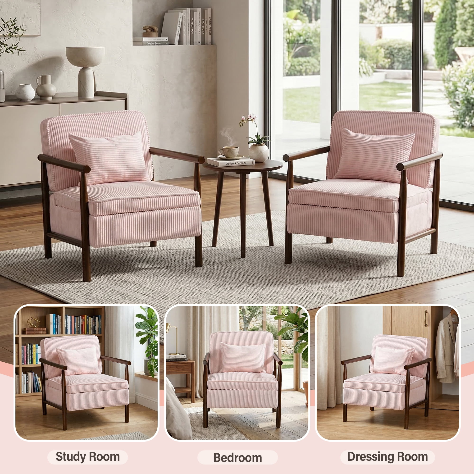 Aukfa Upholstered Accent Chair with Storage Seat & Waist Cushion, High-Density Lounge Armchair for Living Room Bedroom,Pink