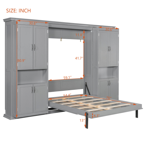 Full-Size Murphy Bed with 2 Sliding Cabinets and 12 Open Shelves, Hydraulic Hidden Wall Bed System, Space-Saving Design for Modern Homes, Gray