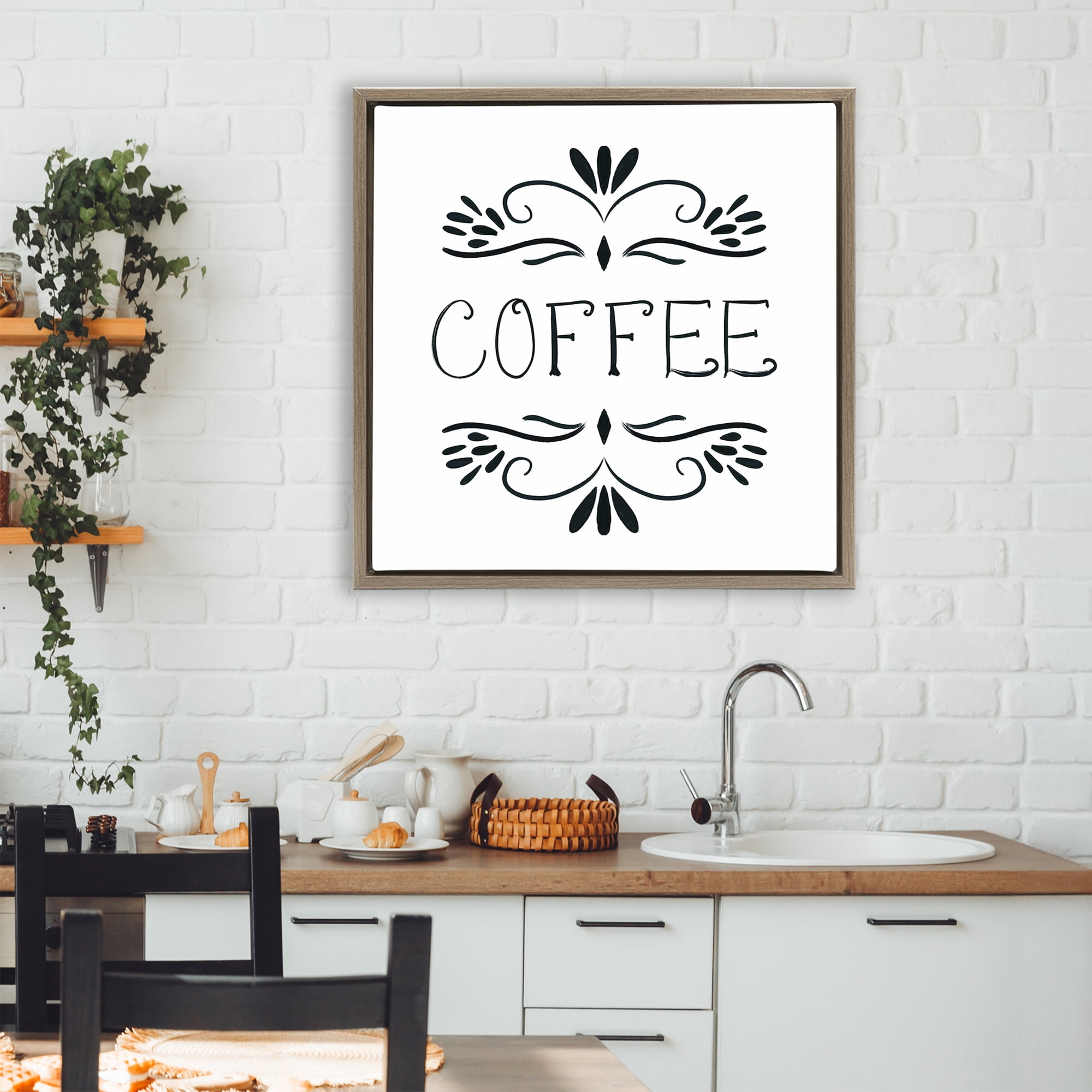 Stupell Industries Coffee with Floral Emblems Brown Framed Floater Canvas Wall Art, design by Lucille Price