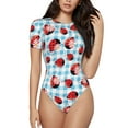 thumbnail image 2 of Uemuo Flowers and Lady Bugs Pattern Women's One Piece Short Sleeve Swimsuit Rash Guard Surfing Modest Quick-drying Swimsuit Beach Essentials-, 2 of 9