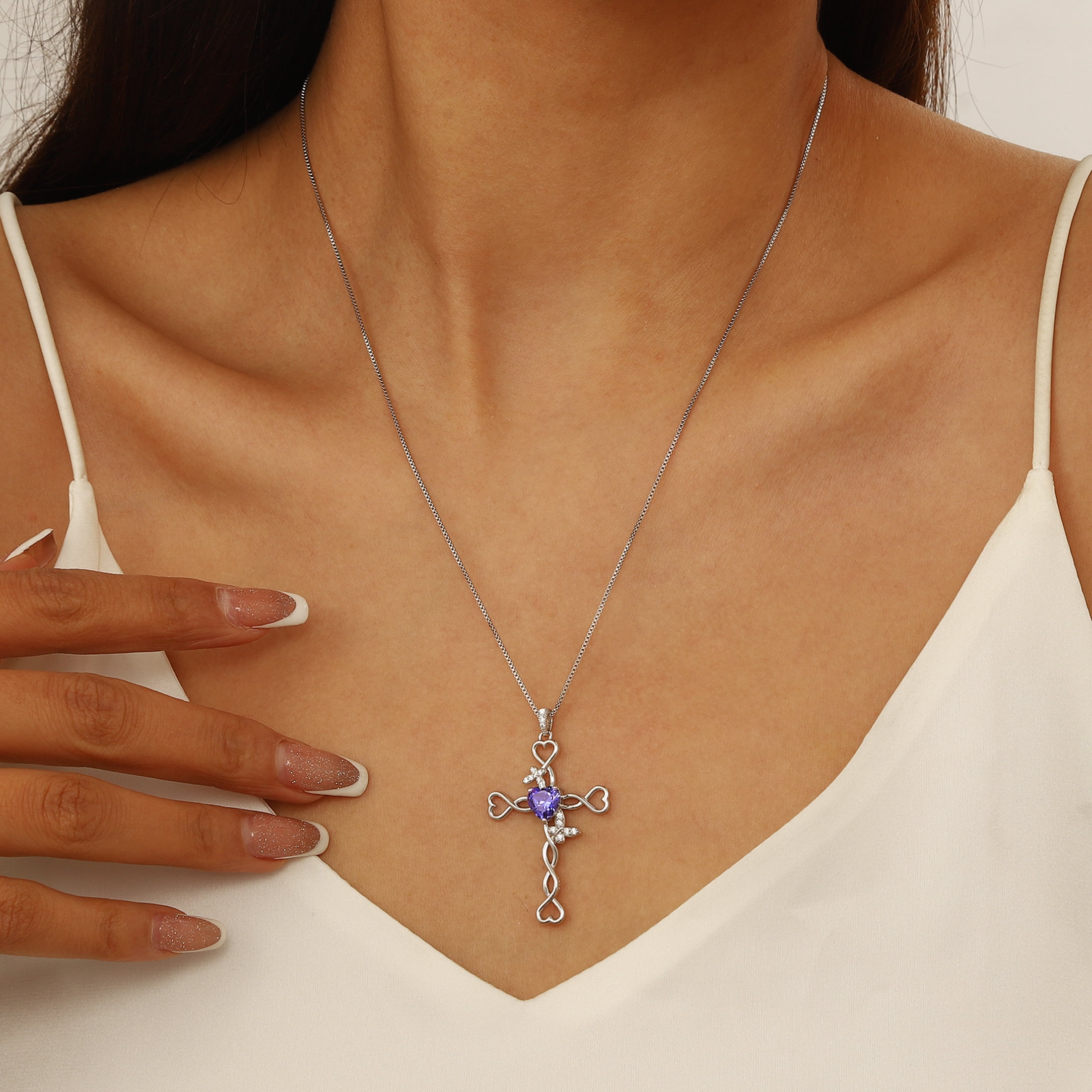 Beautlace 925 Sterling Silver Cross December Tanzanite Heart Birthstone Necklace,Butterfly Pendant Necklace Jewelry Birthday Christmas Gifts for Women/ Wife /Lover