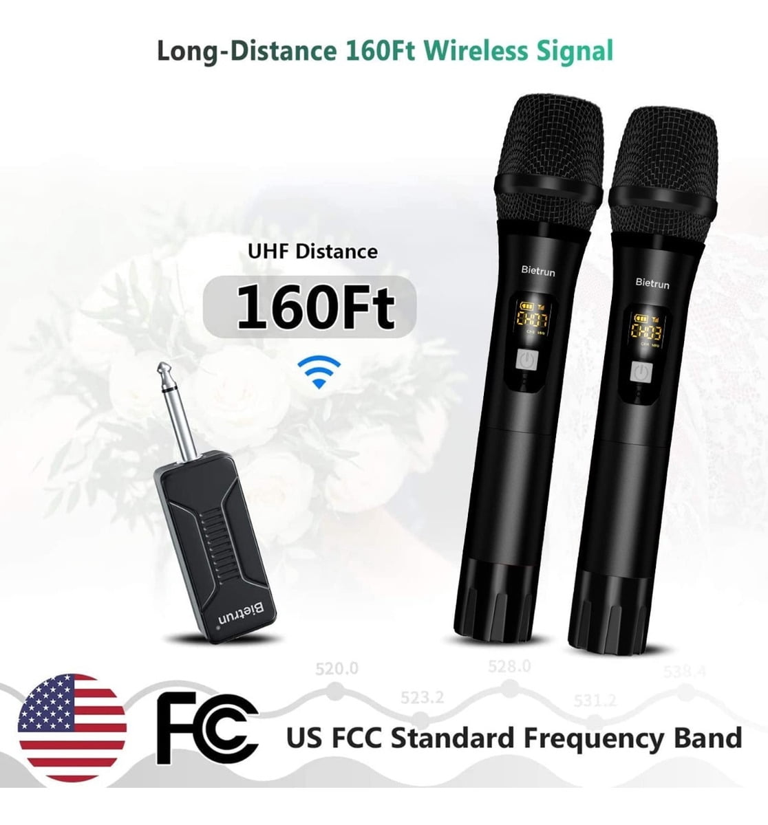 Wireless Microphone, Bietrun UHF Metal Dual Handheld Cordless Dynamic Mic System with Rechargeable Receiver, 1/4‘’Output, for Karaoke, Church, Speech, Wedding, Party Singing(160 ft Range