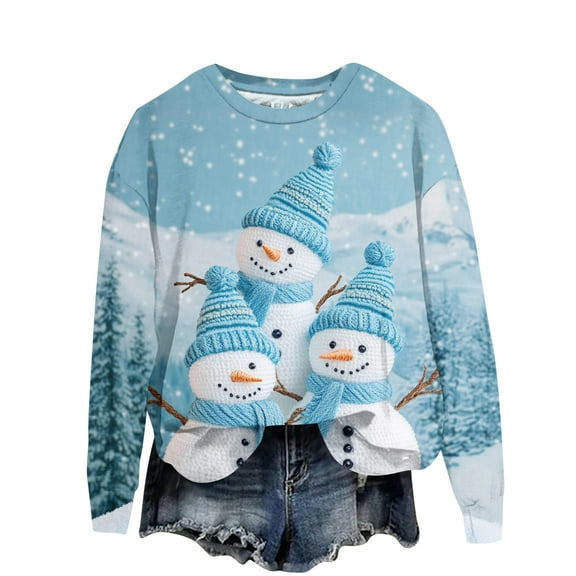 Ladies' Christmas Printed Casual Long Sleeved Round Neck Sports Hoodie Top, Comfortable Pullover for Women, Festive Holiday Apparel, Streetwear Style,Light Blue,2XL