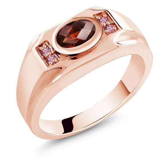 Gem Stone King Men's 18K Rose Gold Plated Silver Red Garnet and Pink Lab Grown Diamond Ring (1.69 Cttw, Gemstone January Birthstone, Oval Checkerboard 8X6MM,, Size 11)