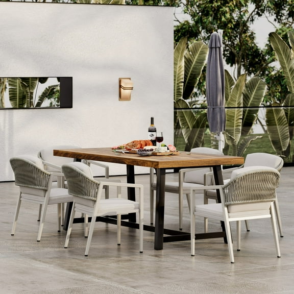 Christopher Knight Home Modern Outdoor 7-Piece Dining Set, Rectangle Wood Table and 6 Woven Chairs, Beige Cushions