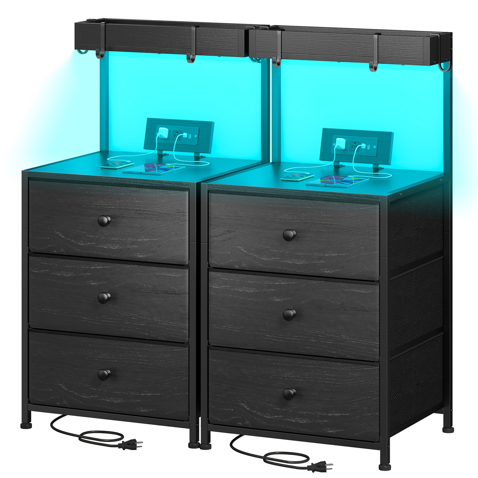 Romorgniz Set of 2 Tall Nightstands with Charging Station,LED Lights,3 Drawers & 4 Hooks,Bedside Tables with Outlets for Bedroom,Black