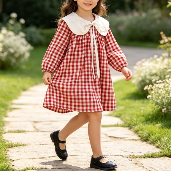 Toddler Little Girls Plaid Dresses Loose Long Sleeve Fashion Bow Lace Up Turn Down Collar Cute Dress Multicolor 02 1-2 Years