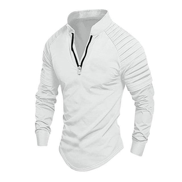 RXIRUCGD Men's Solid Color Zippered Long Sleeved Sports Shirt, White, Size: 3XL