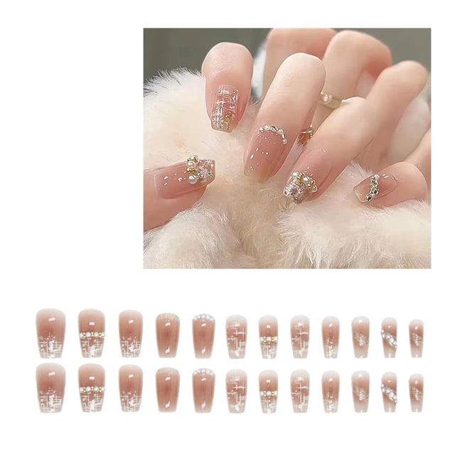24 piezas de uñas postizas cortas para presionar, uñas postizas tipo ataúd para mujeres con diseño de mariposas, uñas brillantes