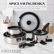 Country Kitchen Pots and Pans Cookware Set, 16-Piece Stainless Steel with Removable Handle, Silver
