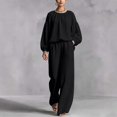 thumbnail image 4 of Mifsaly 2 Piece Linen Set for Women Crewneck Balloon Sleeve Tops and Lounge Trousers Trendy Going Out Travel Airport Vacation Matching Outfits, 4 of 6
