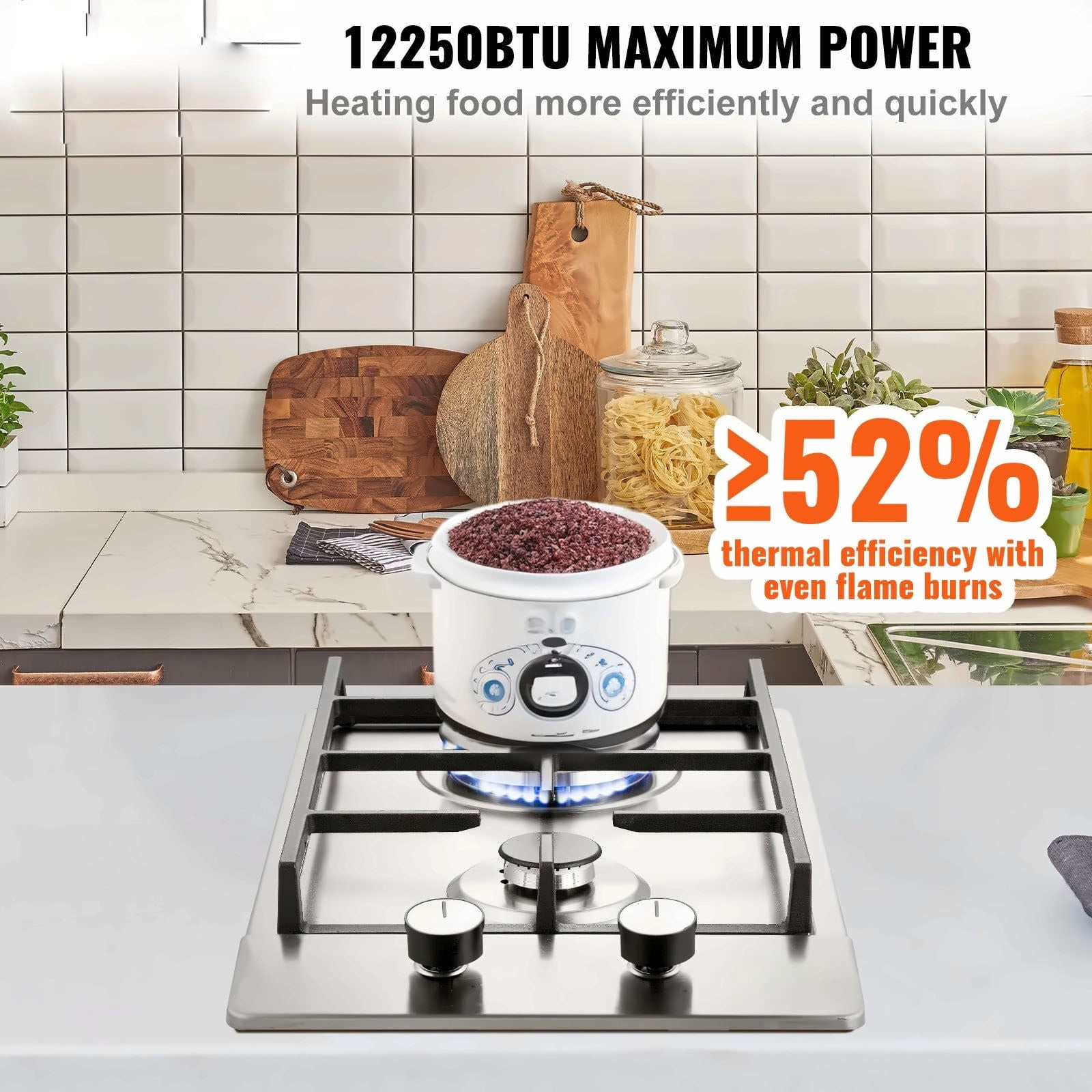 Gas Cooktop 12 Inch, 2 Burner Stainless Steel Gas Stove Top, 12250BTU LPG/NG Convertible Built-in Gas Hob with Thermocouple