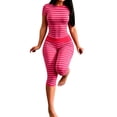 thumbnail image 2 of Holzkary Striped Two Piece Loungewear Set, Crew Neck Short Sleeve Slim Crop Top High Waist Capri Leggings Stretch Matching Outfit, Home Sleepwear Gym Training Clothes Summer Fall Outfits Hot Pink L, 2 of 4