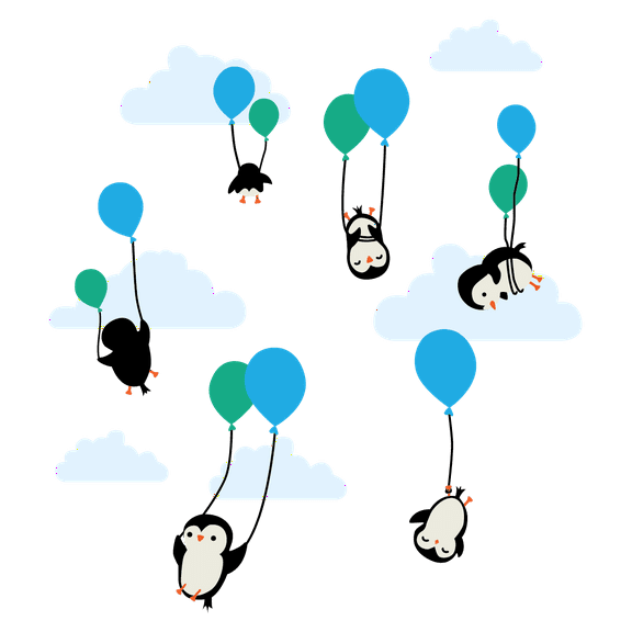 Easy To Apply Kids Bedroom Nursery 20" x 22" Penguin Animals Vinyl Wall Art Decoration Sticker Multicolored Floating Balloons Sky Clouds Design Adhesive Home Wall Decal