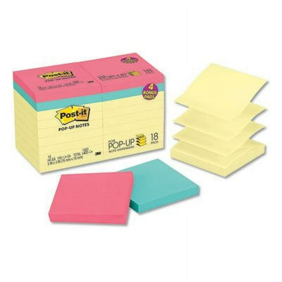 Post-it Original Pop-up Notes Value Pack, 3 x 3, (14) Canary Yellow, (4) Poptimistic Collection Colors, 100 Sheets/Pad, 18 Pads/Pack (R330144B)