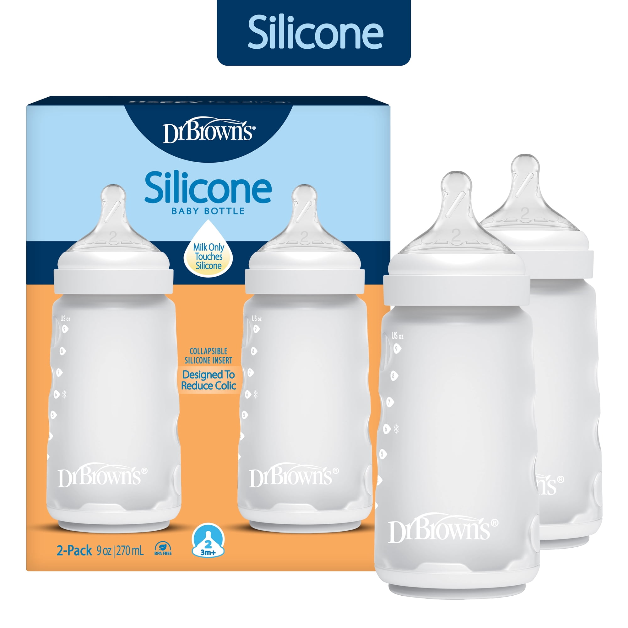 Dr. Brown's Silicone Baby Bottle, Designed to Reduce Colic, 9 oz, Level 2 Medium Flow, White, 2-Pack