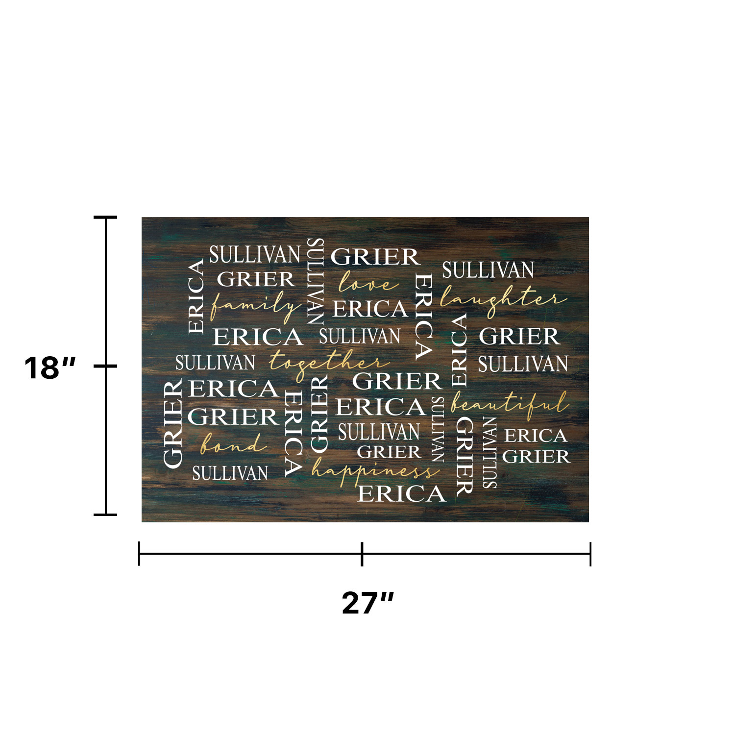 Personalized Planet 27x18 Love Laughter Beautiful Together Happiness Family of 3 Doormat with Custom Names Printed on Brown Rectangular 1/4” Thick Non Slip Mat for Kitchen Hallway Deck or Porch