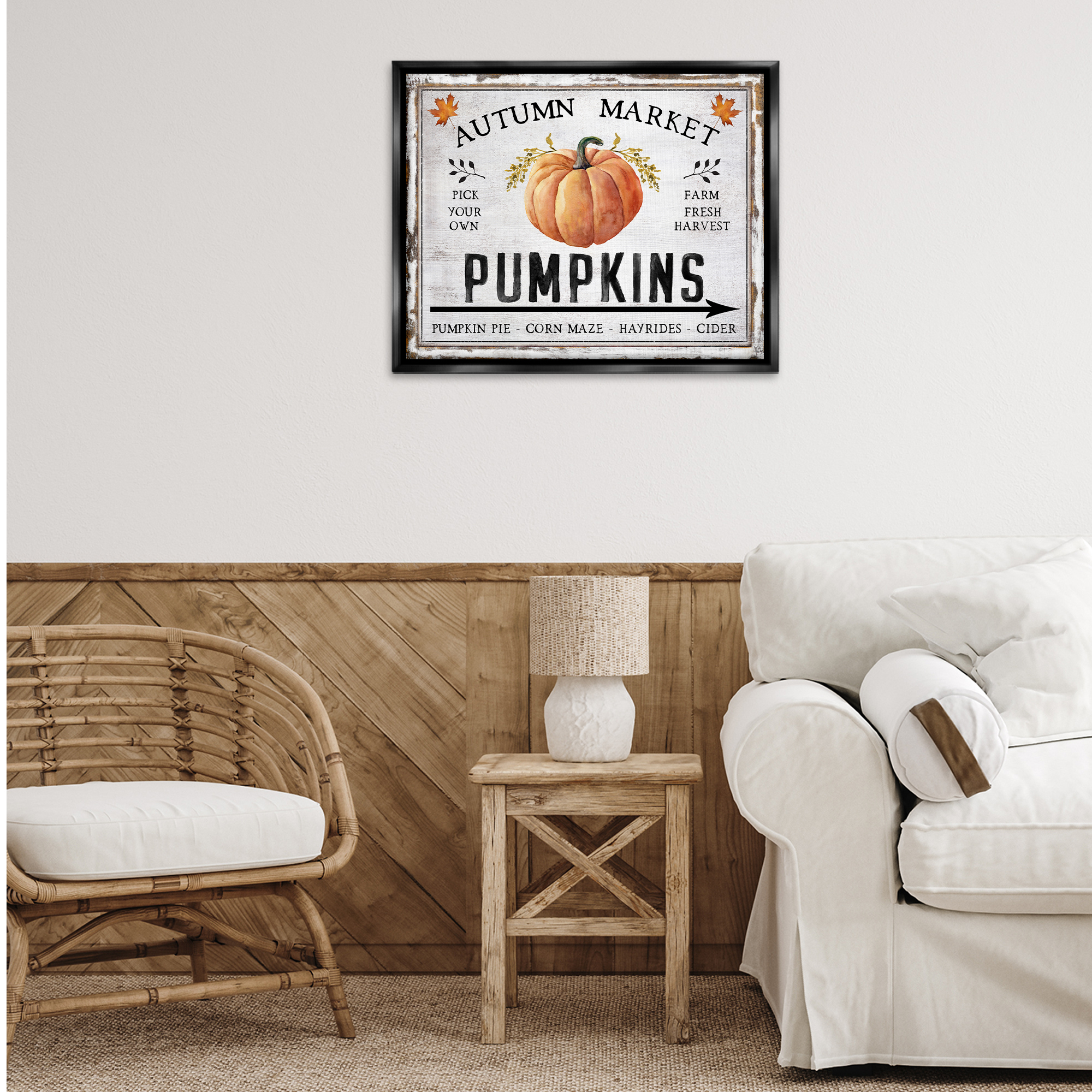 Stupell Industries Autumn Market with Arrow Holiday Painting Black Floater Framed Canvas Art Prints Wall Art, 31 x 25