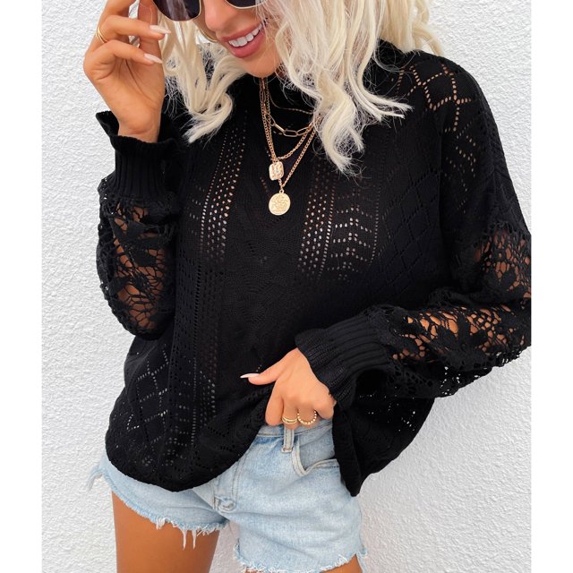 Jersey De Cuello Redondo Tops De Punto,Suéter De Encaje De Manga Larga Suéter De Manga Larga para Mujer Suéter De Punto para Mujer Artesanía Superior