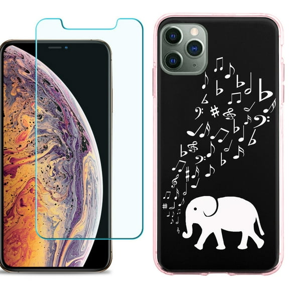 For Apple iPhone 11 Pro Max Case , Slim-Fit TPU Protective Phone Case (Pink Bezel) with Tempered Glass Screen Protector, by OneToughShield ® - Elephant Music
