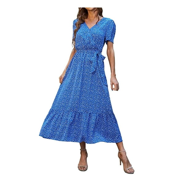 Fesfesfes Women Boho Dresses Short Sleeve V-Neck Ruffle Floral Printed Midi Dress With Belt or