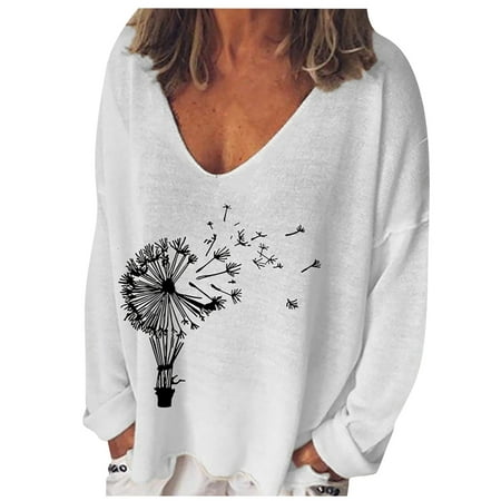 

Print T-Shirt for Women Funny Plus Size Sweatshirt Long Sleeve Casual V-Neck Loose Fit Fall Tops Cute Graphic Tee Shirt Pullover Blouse for Teen Girls
