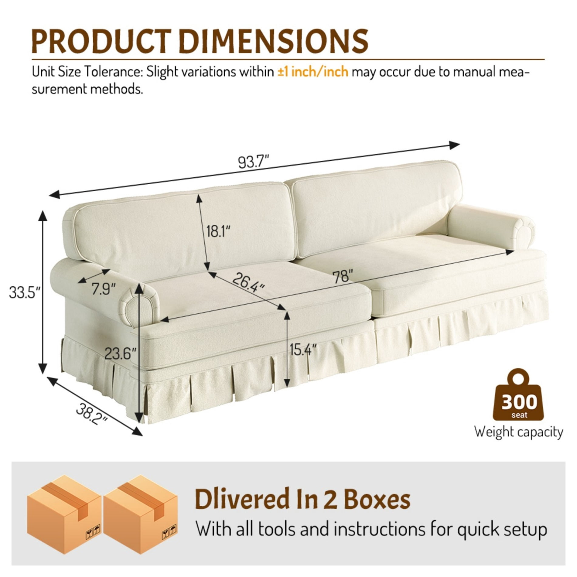 Alvantor 94" 4-Seater Cloud Sofa Couch Upholstered Chenille Couch with Rolled Arms & Pleated Skirt, Mid-Century Modern Sofa for Living Room Beige