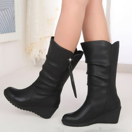 

VKEKIEO Womens Tall Boots Round Toe High Heel Heels Slip-On Black Fall Boots