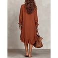 thumbnail image 2 of Women V Neck Long Sleeve Midi Dress Ruffle Hem Loose Fit Woven Dress for Resort Vacation Casual Daily, 2 of 5