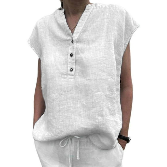 Women Henley Button V Neck T-shirt Loose Blouse Short Sleeve Tops Tee