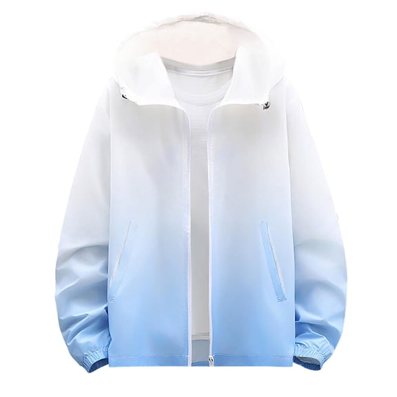 Xfvqtps Mens Light Jacket Hoodie Full Zip up with Drawstring Sun Protection Gradient Long Sleeve Summer Coat for Fishing Hiking Athletic Running Blue