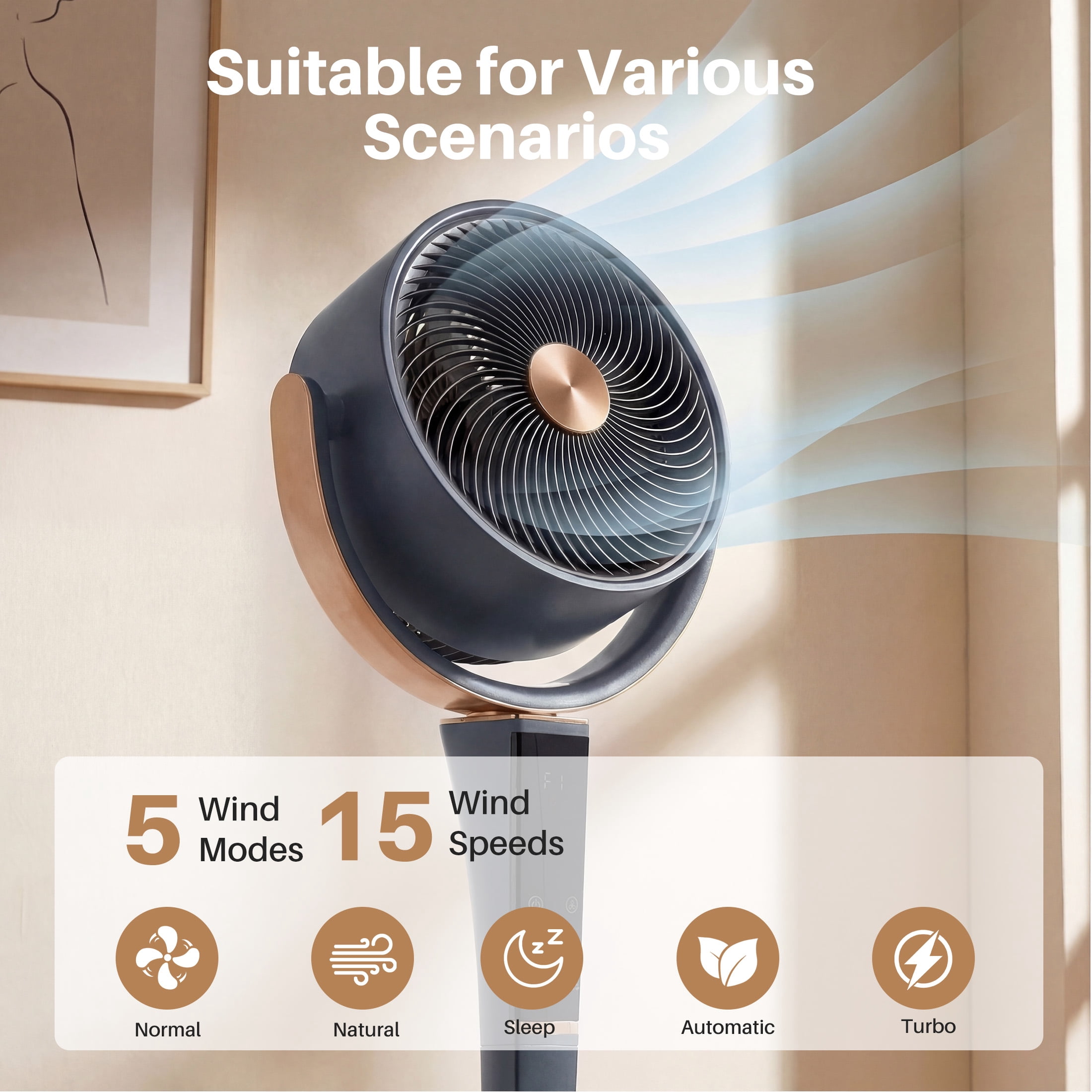 SHOUFTW Quiet Oscillating Pedestal Fan for Bedroom, 15 Speeds 5 Modes, 37-45" Height Adjustable, 12H Timer, Gray