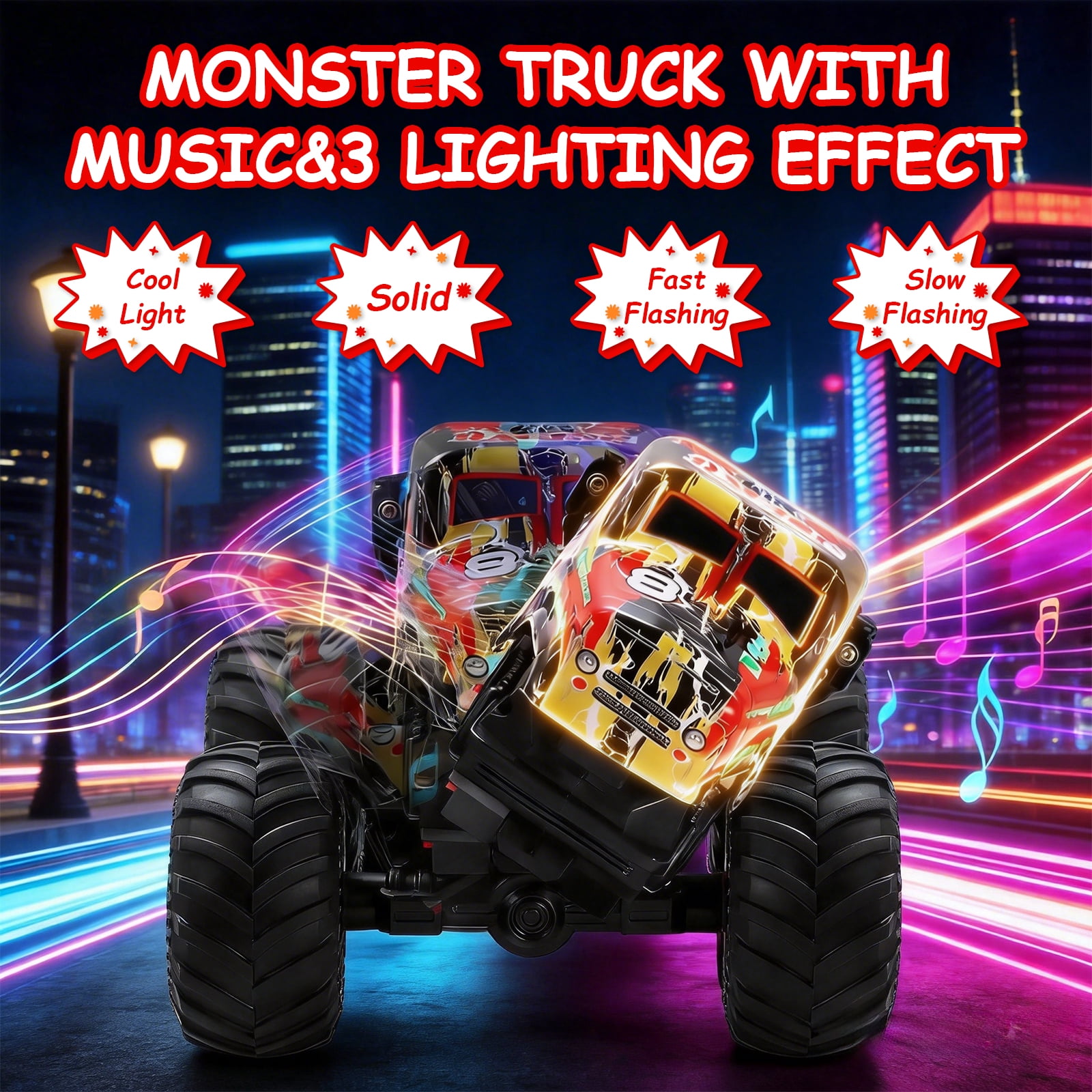VKFVKF RC Monster Trucks, Remote Control Car with Light & Sound, 360° Rotating RC Stunt Car for Boys