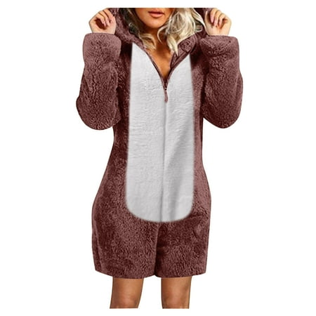 

Jackets For Women Casual Women Long Sleeve Hooded Jumpsuit Pajamas Casual Winter Warm Rompe Sleepwear Brown L