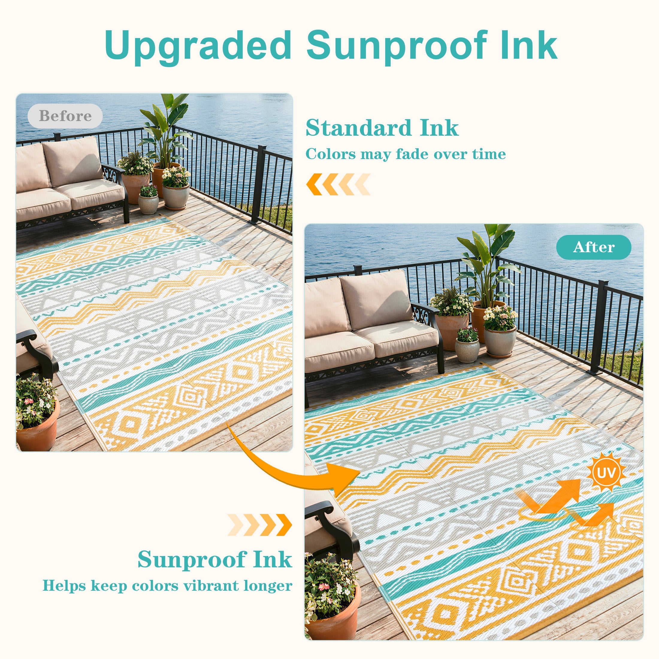 Moynesa Outdoor Rug Waterproof, 4'x6' Lightweight Plastic Straw Rug for Camping RV, Reversible Outside Carpet for Patio Deck Porch Balcony Picnic Tent, Blue/Yellow
