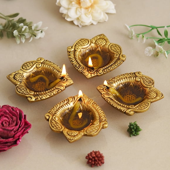 Set Of 4 Golden Handcrafted Decorative Brass Diyas | Auspicious Diyas