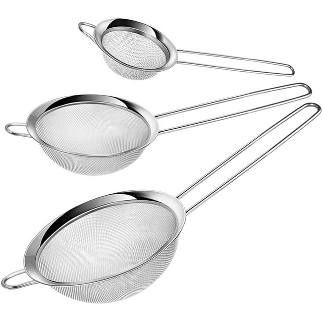 Fine Mesh Strainer Set of 3 Stainless Steel Strainers, Food Strainer Colander Sieve with Long Handle for Kitchen Cooking, Tea, Coffee Powder, Pasta, Frying, Vegetable Drain