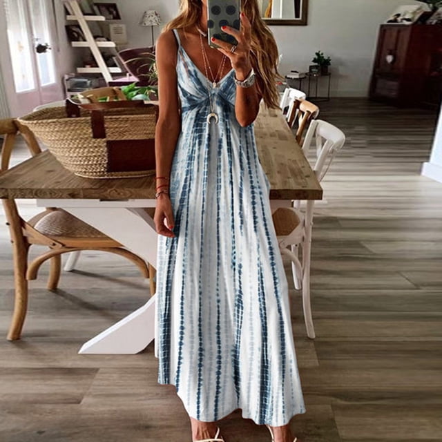 Mefallenssiah Femmes Col Rond Robe Longue de Style d'Été des Femmes avec V-Cou et Robe Douce Cravate Teint