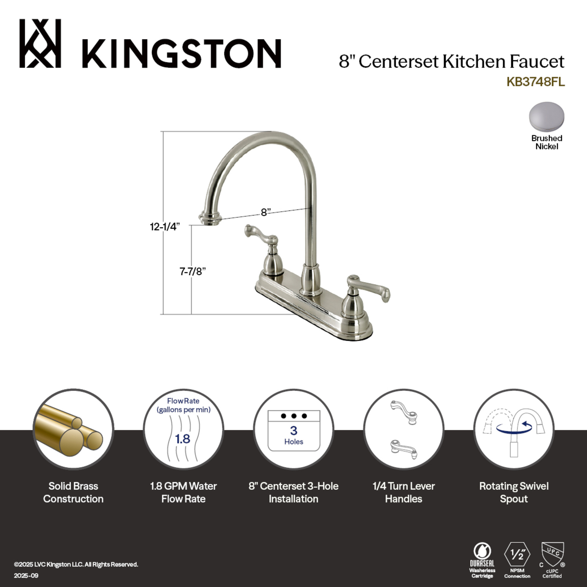 Kingston KB3748FL Two-Handle 3-Hole 8" Centerset Kitchen Faucet in Brushed Nickel