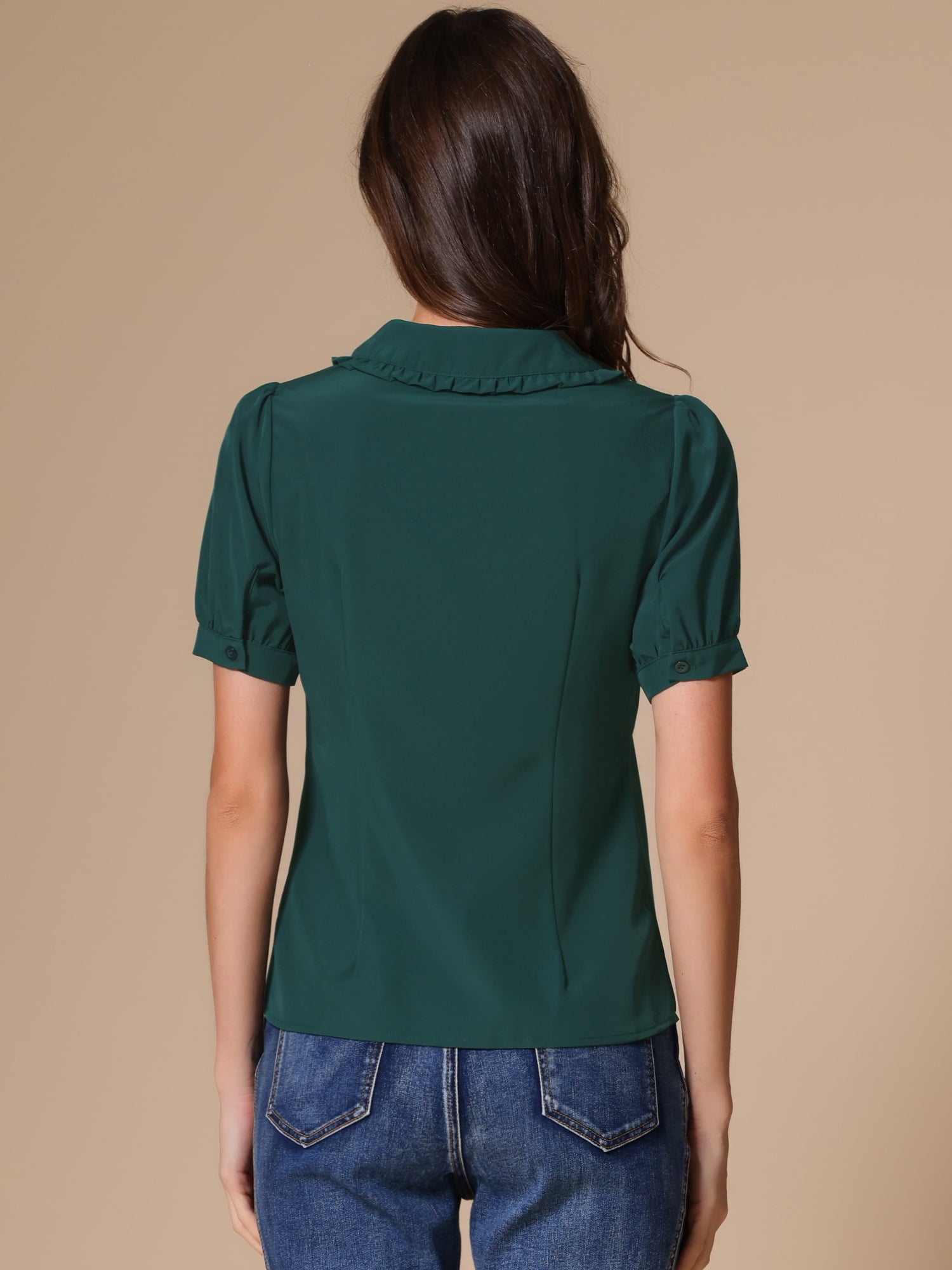 DARING DIVA Women's Peter Pan Collared Puff Short Sleeve Retro Blouse S Dark Green