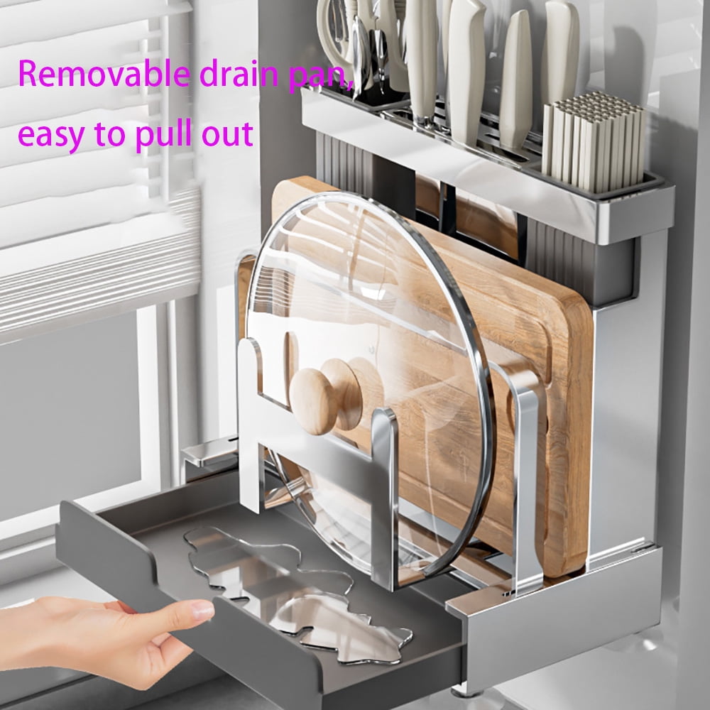 Kadahis Multifunctional Cutting Board, Knife Drying Rack Kitchen Countertop Pot Lids Organizer, Knife Block Holder with Drain Tray Utensil Holders Bakeware Cookware Chopping Board Storage Stand