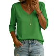 thumbnail image 2 of BODOAO Women's V Neck Sweater 3/4 Sleeve Lightweight Knit Pullover Loose Fit Soft Casual Fall Spring Fashion Top for Women Office Work Everyday Wear Clothing Green S, 2 of 4