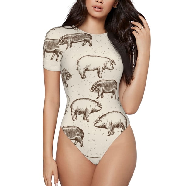 Balery Vintage Farm Pigs Body de cuello redondo de manga corta para mujer Tops de manga corta Tops básicos-XX-Large