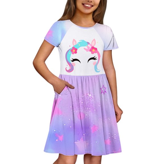CUZIBR Girls Youth Kids Summer Dresses Casual Short Sleeve Round Neck Cartoon Print Color Block Gradient Comfortable A Line Dress For Toddler Beach Vacation Party Clothes,Light Purple,7-8 Years