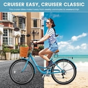 Lilypelle 24/26inch Beach Cruiser Bicycle for Women, 7 Speed Step Through Adult Commute Bike with Basket & Rack,Blue